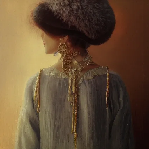 female siberian Russian concubine with slim curvy body, wearing a ushanka, at night, 1400s, painting by gaston bussiere, greg rutkowski, yoji shinkawa, yoshitaka amano, tsutomu nihei, donato giancola, tim hildebrandt, oil on canvas, {full body shot:from behind shot:looking over shoulder}, traditional russian clothing, trending on artstation, featured on pixiv, cinematic composition, extreme detail, metahuman creator, (best quality:1.4), ((masterpiece)), ((realistic)), (detailed), portrait_of_exotic_girls, seductive_smile, (((sexy))), godrays, dust in the air