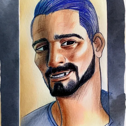 a photorealistic image of a latin man in his 47s, some ligth borwn hair, a goatee, golden hour, deep blue eyes, looking to the left of the camera, above shoulder, 3D, , Pencil Sketch, Cartoon, Water Color