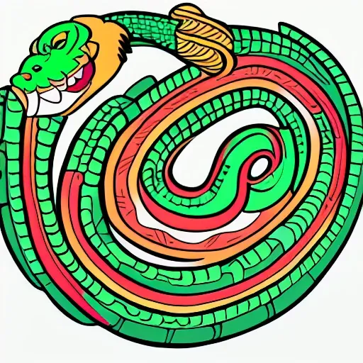 create a serpent illustration from mayan mythology, white background, png format., Cartoon