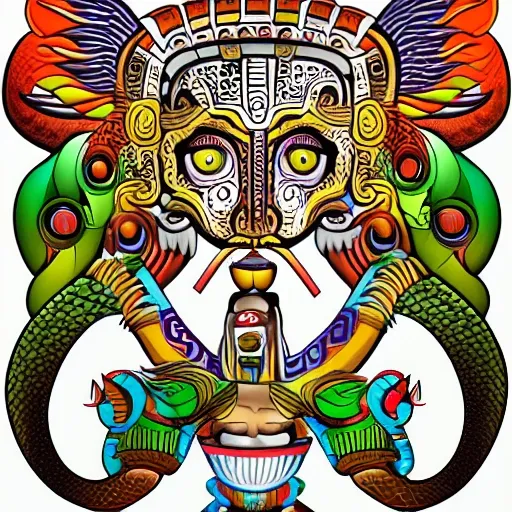 create an illustration of the jaguar god, snake god and hummingbird god, from mayan mythology, white background, png format., Cartoon