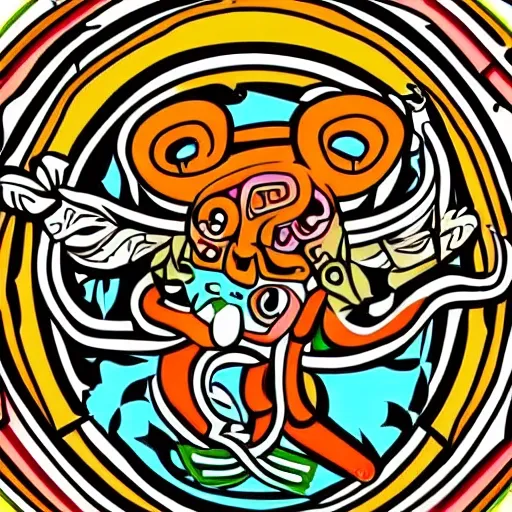 create an illustration of the jaguar god, snake god and hummingbird god, from mayan mythology, white background, png format., Cartoon