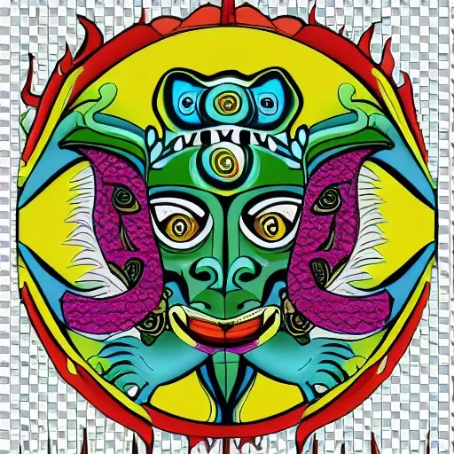 create an illustration of the jaguar god, snake god and hummingbird god, from mayan mythology, white background, png format., Cartoon