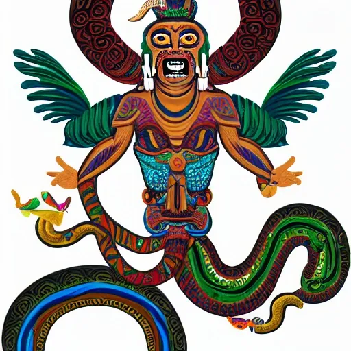 create an illustration of the jaguar god, snake god and hummingbird god, from mayan mythology, white background, png format., Cartoon