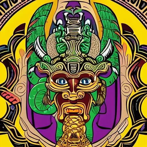 create an illustration of the jaguar god, snake god and hummingbird god, from mayan mythology, white background, png format., Cartoon