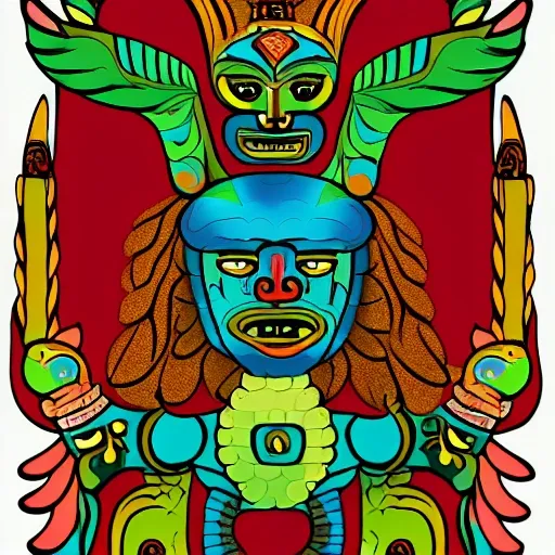 create an illustration of the jaguar god, snake god and hummingbird god, from mayan mythology, white background, png format., Cartoon, 3D