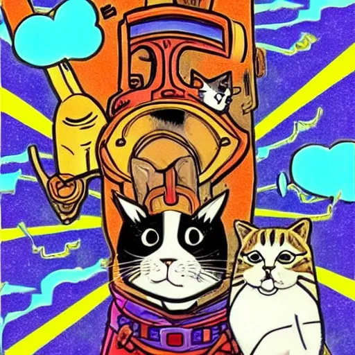 a cat with two guns figthing with a samurai dog, Cartoon, Trippy