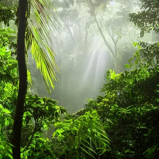 The image shows the Darien jungle in all its exuberant beauty and mystery. The dense vegetation unfolds in multiple shades of green, creating a vibrant landscape full of life. The tall, leafy trees are intertwined with hanging lianas, forming a natural tangle that seems to have a life of its own.

The mist rises gently from the ground, enveloping the trees and creating an ethereal atmosphere. The sun's rays filter through the leaves, creating flashes of light that reflect off the ferns and ground plants.

The sound of wildlife is constant, though no creatures are visible in the image. The songs of exotic birds fill the air, while monkeys play and move through the branches. The echo of a nearby waterfall is heard in the distance, adding an element of serenity and freshness to the environment.

In the center of the image, there is a clearing surrounded by towering trees. A majestic eagle perches on a high branch, its wings outstretched, as if keeping watch over the area. The eagle's plumage shows a combination of brown and gold tones, which contrast with the lush green of the environment.

The clearing reveals a variety of colorful flowers and exotic plants making their way through the greenery. Brightly colored butterflies flutter around the flowers, adding a touch of grace and delicacy to the scene.

In the distance, the jungle stretches as far as the eye can see, creating a sense of vastness and mystery. The mountains rise on the horizon, wrapped in a light mist. The image conveys a sense of peace and harmony, as if the jungle were imbued with an ancient and sacred energy.

Although there is no visible human presence, the presence of the spirits of the jungle can be felt. The image captures the magic and charm of this encounter between nature and the spiritual world, conveying the deep connection that exists in the Darien jungle.