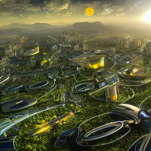 highly detailed articifial futuristic sun, solarpunk, sustainable energy machine, advanced technology, bright blue clouds, landscape of lush green cityscape, nature, optimistic, environmental harmony, urban, ecological, vision, innovation, photo realistic 3d render, high resolution, panoramic, insane details, golden hour, cinematic, Technology, Robotics