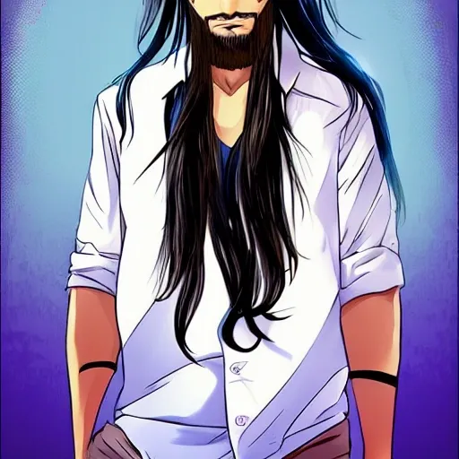 , Cartoon, handsome , longhair, white skin, black hair, blue eyes, 赛博朋克风格