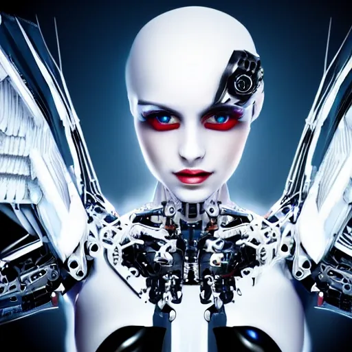 boldness cyborg female looking at the camera, white wings, full bold body, beautiful chest,, Trippy