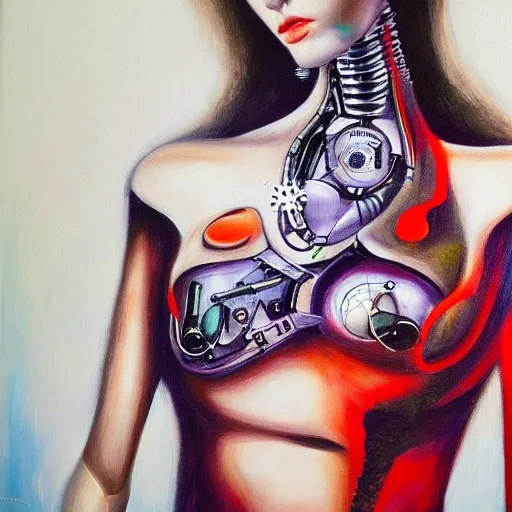 boldness cyborg female looking at the camera, white wings, full bold body, beautiful chest,, Trippy, Oil Painting