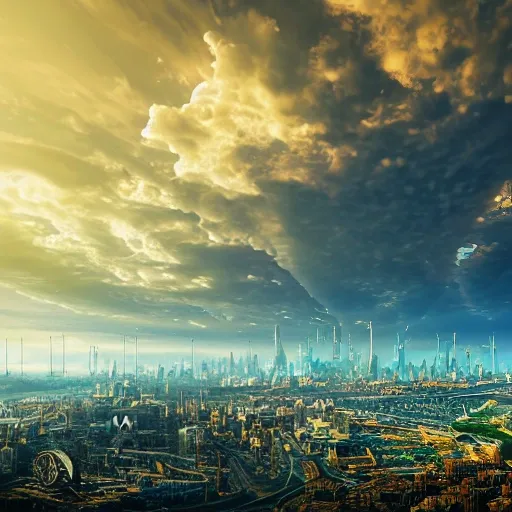 highly detailed articifial futuristic CROWN, solarpunk, advanced technology, bright blue clouds, landscape of ITALY cityscape, ROYAL, optimistic, environmental harmony, urban, ecological, vision, innovation, photo realistic 3d render, high resolution, panoramic, insane details, golden hour, cinematic

