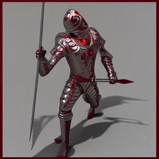 A red frog wearing silver armor with a spear, 3D