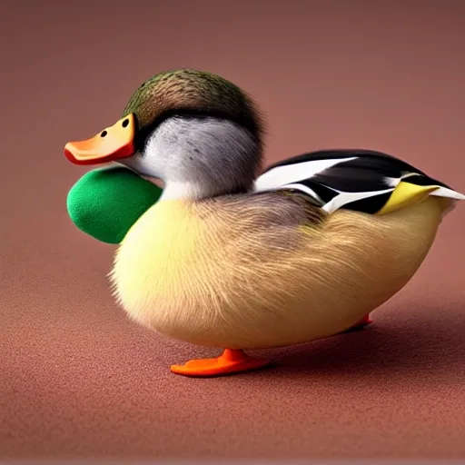 Color photo of a duck with a mouse on its head, 3D