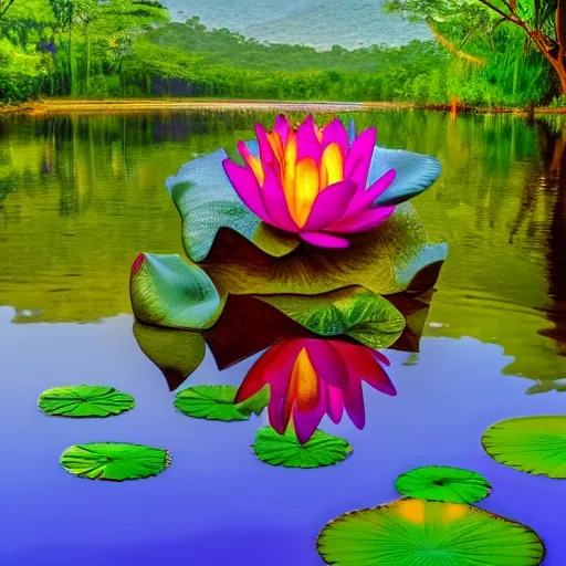 lotus flower with huge multicolored crystal glass petals in the focus of the camera with african forests in the background, ultra-realistic image, hdr, 4K