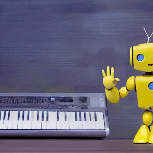 A small yellow humanoid robot is standing on a wooden table, next to a giant blue keyboard. With his hands he makes the pose of 5 fingers, as if he wanted to greet someone. On the right side of the image, a green human hand appears holding a white pencil, as if to draw the robot, style anime, cyberpunk