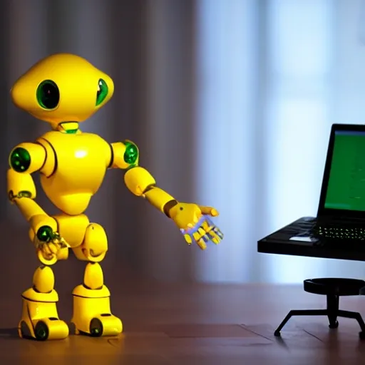small humanoid robot, next to a giant keyboard, which is standing on a wooden table, with its hands doing the 5-fingered pose and a giant human hand appears on the right side and the color palette is yellow, blue, green, white