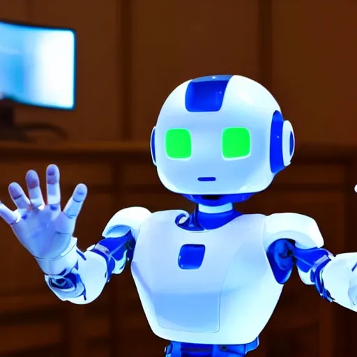 small white robot with blue eyes of a humanoid shape, next to a giant desktop keyboard, which is standing on a wooden table, with its hands making a greeting pose and a giant human hand appears on the table on the right side and the color palette is yellow, blue, green, white