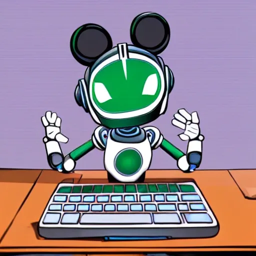comic style, female robot waving, small, white, blue, green, standing on a wooden table on the left side, dragon logo on the chest, white background, a giant keyboard on the right side, cute smile anime, comic style , a human hand holding a cyberpunk style mouse