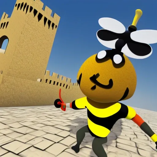 Create an artistic image of a bee dressed as an Arabic
going to the castle, Cartoon, 3D