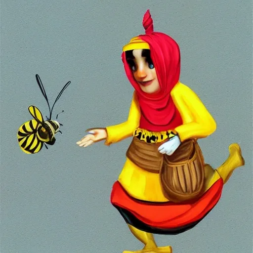 Create an artistic image of a bee dressed as an Arabic
going to the castle, Cartoon, 3D, Oil Painting