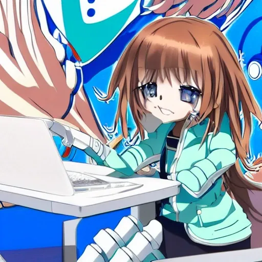 anime style, robot saludando,  pequeño, blanco, azul, verde, parado en una mesa de madera en la parte izquierda, fondo blanco, un teclado gigante en la parte derecha, cute smile anime , anime style, una mano humana sosteniendo un mouse, ultra HD, 3D