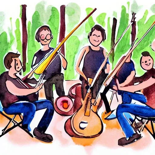 Five man one woman standing around the camping fire. While the fire lit up
Not by wood but by music instrument including drums guitar bass keyboard and mic. They all smiling with sadness and deeply hope one day they will play music together again, Cartoon, Water Color