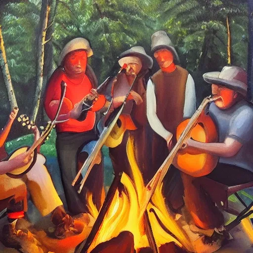 Five man one woman standing around the camping fire. While the fire lit up
Not by wood but by music instrument including drums guitar bass keyboard and mic. They all smiling with sadness and deeply hope one day they will play music together again, , Oil Painting