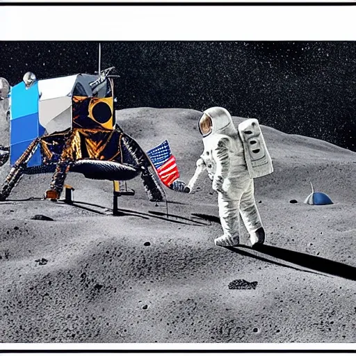 Un dibujo que represente a un astronauta caminando sobre la superficie lunar con la bandera desplegada y el módulo lunar en el fondo para colorear para niños entre 5 y 10 años a blanco y negro