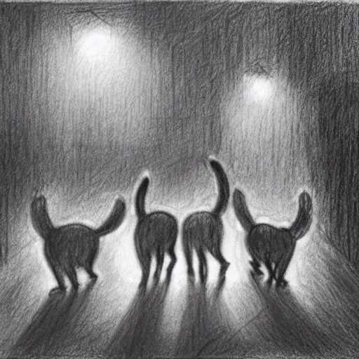 Six cats walking out to the light from the dark alley hoping they would meet each other again in the future, in the utopia, Pencil Sketch