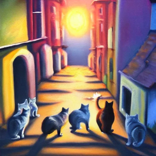 Six cats walking out to the light from the dark alley hoping they would meet each other again in the future, in the utopia,, Oil Painting