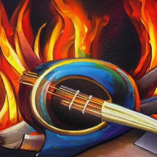 Fire burning music instrument including drums guitar bass keyboard microphone the fire and smoke float into dreaming, Oil Painting, Oil Painting