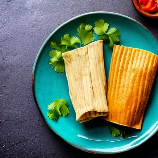 create a high-quality image of a vegan tamale served on a rustic ceramic plate, garnished with fresh parsley, against a background of a wooden table in a cozy setting. The tamale should be golden in color and appear juicy and appetizing. Steam should be coming out of it, indicating that it's hot and freshly cooked