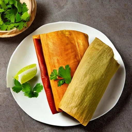 create a high-quality image of a vegan tamale served on a rustic ceramic plate, garnished with fresh parsley, against a background of a wooden table in a cozy setting. The tamale should be golden in color and appear juicy and appetizing. Steam should be coming out of it, indicating that it's hot and freshly cooked