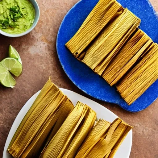 Create a high quality photographic image to display on a vegan restaurant website, the main subject should be two Vegan Mole Tamales, served on a rustic ceramic plate, the photo should be viewed from above at a right angle 90 degrees, the plate should be blue and the tamales should be golden in color, the smoke should be coming out of them, making it clear that they are freshly made.