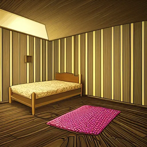 old room with 3 beds, a kid in every bed, a woven carpet on the floor of wood, walls of wooden slats, digital art