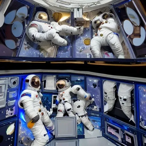 dos astronautas en el espacio, cada uno en su respectiva nave asomandose de sus ventanas para ver a un telefono flotando!, la luz de la pantalla les da en la cara y estan muy sorprendidos, estilo animado, 