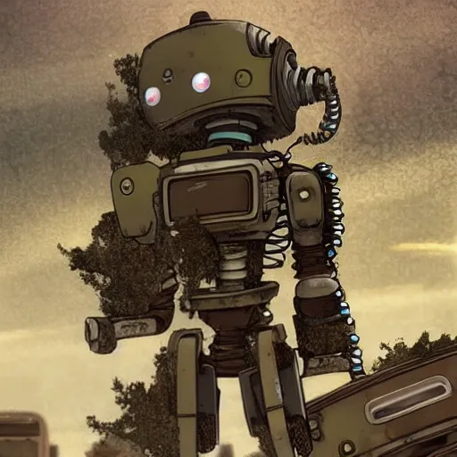 anime art, brown robot in a junkyard covered in moss, old carapace, rusted, human size, full body, post-apocalypse, rainy day, misty dreamy environment