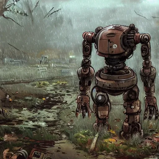 anime art, brown robot in a junkyard covered in moss, old carapace, rusted, human size, full body, post-apocalypse, rainy day, misty dreamy environment