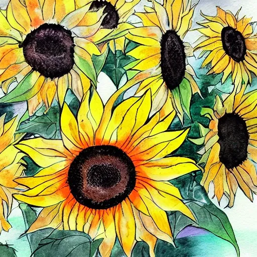 sunflowers, Anime Key Visual, Watercolor