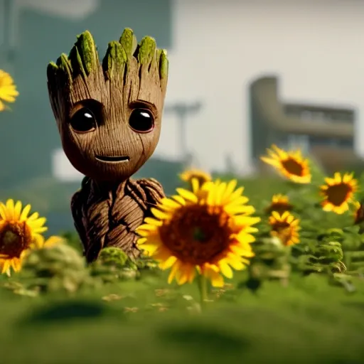 baby groot with sunflowers, Unreal Engine