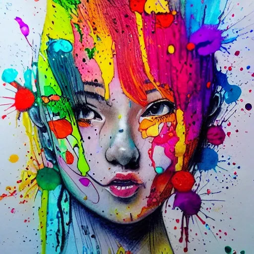 colorful Juice Splattered Girl, Water Color, Cartoon, Pencil Sketch, Trippy, Oil Painting, 3D