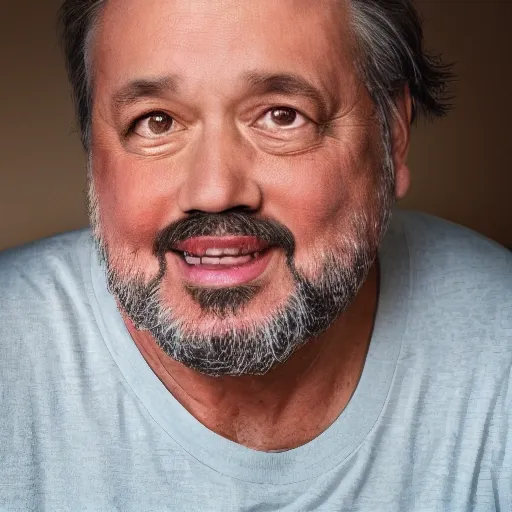 a photorealistic image of a man in his 50s, some gray hair, a goatee, golden hour, looking to the left of the camera, above shoulder