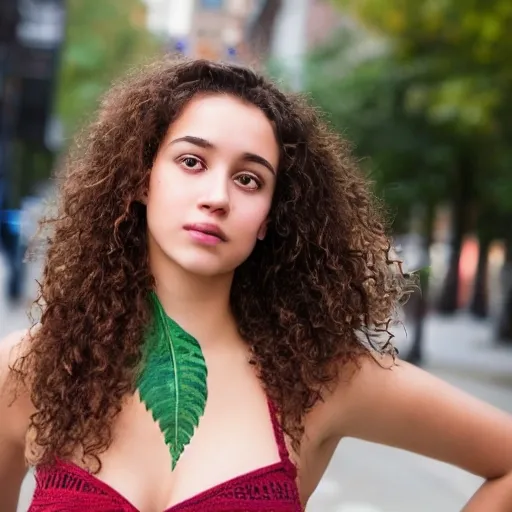 cute girl, 19 years old, front view, far from camera, medium curly brown hair,leaf body paint, front visible, slim waist, thick, medium bust, hands on hips, on side walk in big city