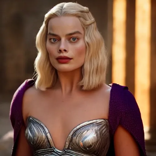 Margot Robbie as a Valyrian princess, with blonde silver hair, violet eyes, wine lips and the posture of a goddess.