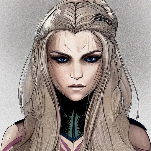 Rhaenyra Targaryen has the characteristic features of House Targaryen, known for their silver-gold hair and violet eyes. Her hair is described as flowing and silvery, often cascading in loose waves or braids. Her eyes are striking, displaying the rare and coveted violet hue associated with her noble lineage.

She possesses a regal presence, standing tall and graceful with an air of confidence and authority. Rhaenyra is often depicted as having a slender and elegant figure, maintaining an imposing presence despite her delicate appearance.

In terms of her facial features, Rhaenyra has high cheekbones that lend a sharpness to her countenance. Her face is described as both beautiful and strong, exuding a sense of determination and resilience. Rhaenyra's features often evoke a sense of her dragon bloodline and the Targaryen legacy.