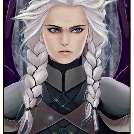 Rhaenyra Targaryen has the characteristic features of House Targaryen, known for their silver-gold hair and violet eyes. Her hair is described as flowing and silvery, often cascading in loose waves or braids. Her eyes are striking, displaying the rare and coveted violet hue associated with her noble lineage.

She possesses a regal presence, standing tall and graceful with an air of confidence and authority. Rhaenyra is often depicted as having a slender and elegant figure, maintaining an imposing presence despite her delicate appearance.

In terms of her facial features, Rhaenyra has high cheekbones that lend a sharpness to her countenance. Her face is described as both beautiful and strong, exuding a sense of determination and resilience. Rhaenyra's features often evoke a sense of her dragon bloodline and the Targaryen legacy.