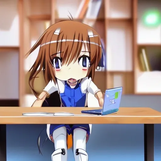 anime style, robot saludando,  pequeño, blanco, azul, verde, parado en una mesa de madera en la parte izquierda, fondo blanco, un teclado gigante en la parte derecha, cute smile anime , anime style, una mano humana sosteniendo un mouse, ultra HD, 3D, 