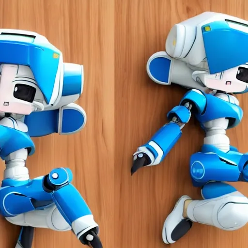 anime style, robot saludando,  pequeño, blanco, azul, verde, parado en una mesa de madera en la parte izquierda, fondo blanco, un teclado gigante en la parte derecha, cute smile anime , anime style, una mano humana sosteniendo un mouse, ultra HD, 3D, 