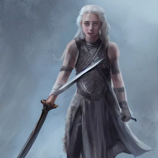 Photorealistic Millie Alcock as Rhaenyra Targaryen with cute smile and sword in right hand, full body, facing camera